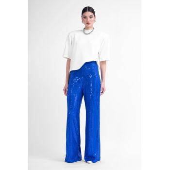 Pantaloni wide leg cu talie inalta din paiete albastru electric