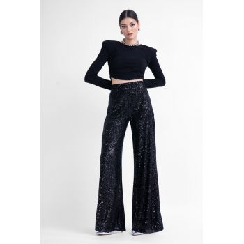 Pantaloni wide leg cu talie inalta din paiete negre