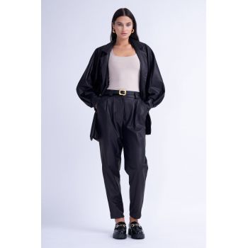 Sacou oversized cu buzunare din piele negru