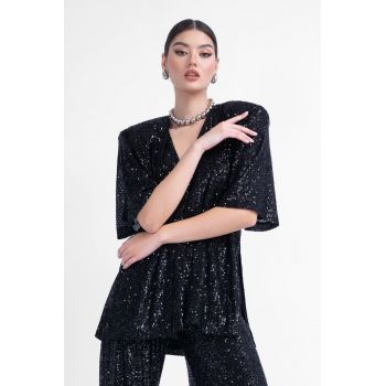 Bluza neagra oversized din paiete cu slituri laterale