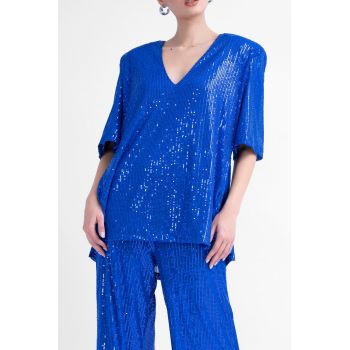 Bluza oversized din paiete cu slituri laterale albastru electric la reducere