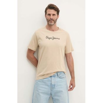 Pepe Jeans tricou din bumbac Eggo barbati, culoarea bej, cu imprimeu, PM508208