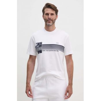 Lacoste tricou din bumbac barbati, culoarea alb, cu imprimeu