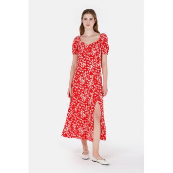 Rochie cu imprimeu floral si slit adanc