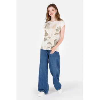 Tricou cu model floral si decolteu rotund