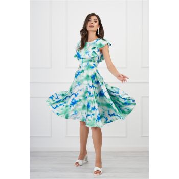 Rochie de zi din satin verde cu imprimeu tie-dye albastru si vonale pe bust