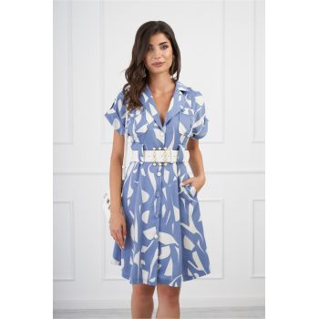 Rochie Doina bleu tip sacou cu imprimeuri albe si curea in talie la reducere