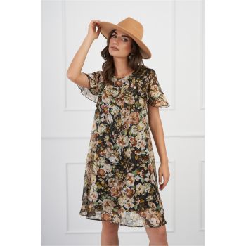 Rochie Dora neagra cu imprimeu floral maro si insertii din fir lurex