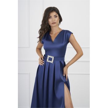 Rochie DY Fashion bleumarin cu pliuri si curea cu catarama stralucitoare in talie