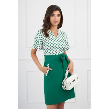 Rochie DY Fashion verde cu buline la bust si cordon in talie