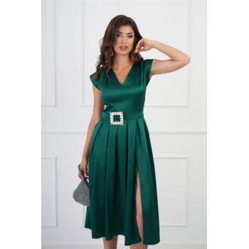 Rochie DY Fashion verde cu pliuri si curea cu catarama stralucitoare in talie