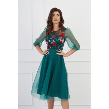 Rochie DY Fashion verde din organza cu broderie florala la bust