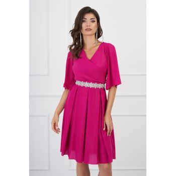 Rochie Ella Collection Ania fucsia cu fir lurex si cordon in talie