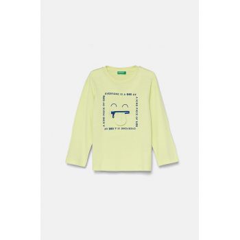 United Colors of Benetton longsleeve din bumbac pentru copii culoarea turcoaz, cu imprimeu, 3I1XG10FP