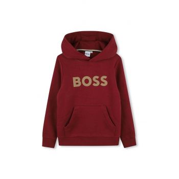 BOSS bluza copii culoarea bordo, cu glugă, cu imprimeu, J51187