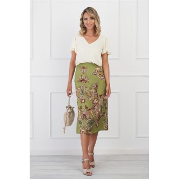 Fusta DY Fashion midi verde fistic cu imprimeu maro la reducere