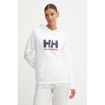 Helly Hansen hanorac de bumbac HH LOGO 2.0 femei, culoarea alb, cu glugă, cu imprimeu, 34460