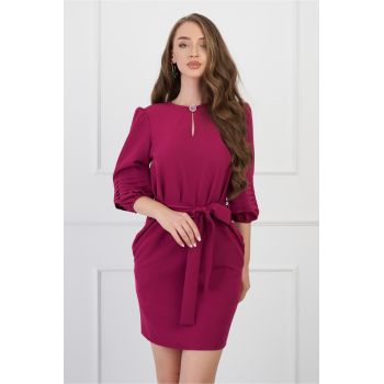 Rochie DY Fashion magenta cu maneci bufante si cordon in talie