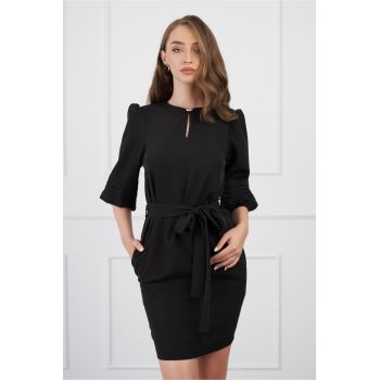 Rochie DY Fashion neagra cu maneci bufante si cordon in talie