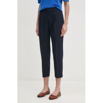 Sisley pantaloni femei, culoarea albastru marin, drept, high waist