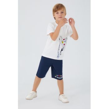 Set de pantaloni scurti si tricou cu imprimeu grafic - Alb murdar - Bleumarin