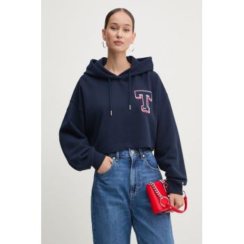 Tommy Jeans hanorac de bumbac femei, culoarea albastru marin, cu glugă, cu imprimeu, DW0DW18653