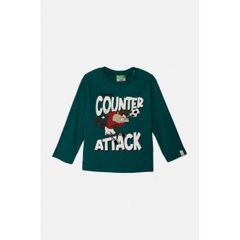 United Colors of Benetton longsleeve din bumbac pentru copii x Looney Tunes culoarea verde, cu imprimeu, 3ATNG10GY