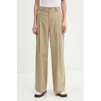 AERON pantaloni de bumbac culoarea bej, lat, high waist, PFPA249512