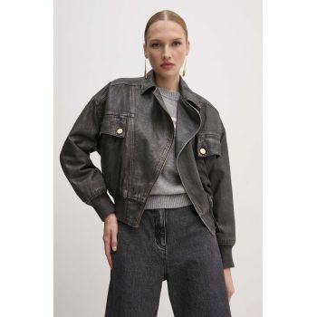 Elisabetta Franchi geacă din denim femei, culoarea gri, de iarnă, oversized, BJ31I46E2