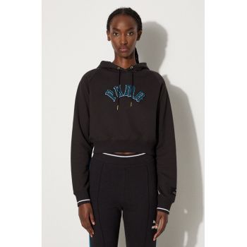 Puma bluza Classics Play Paris Relaxed Hoodie femei, culoarea negru, cu glugă, cu imprimeu, 627484