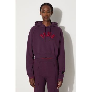 Puma bluza Classics Play Paris Relaxed Hoodie femei, culoarea violet, cu glugă, cu imprimeu, 627484