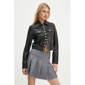 The Kooples geaca de piele femei, culoarea negru, de tranzitie, FCUI29002K