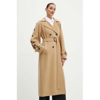 Weekend Max Mara palton de lana culoarea bej, de tranzitie, cu doua randuri de nasturi, 2425016021600