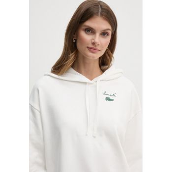 Lacoste bluza femei, culoarea alb, cu glugă, cu imprimeu, SF2649