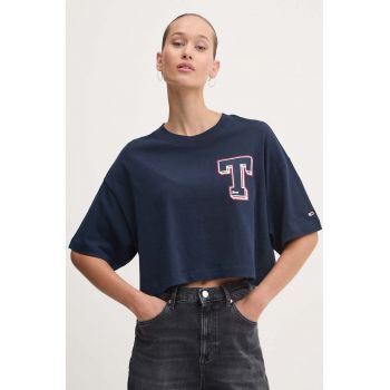 Tommy Jeans tricou din bumbac femei, culoarea albastru marin, DW0DW18656