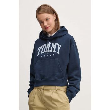 Tommy Jeans hanorac de bumbac femei, culoarea albastru marin, cu glugă, cu imprimeu, DW0DW19291