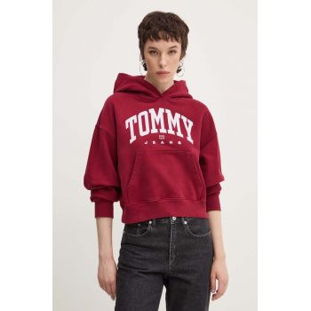 Tommy Jeans hanorac de bumbac femei, culoarea bordo, cu glugă, cu imprimeu, DW0DW19291