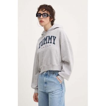 Tommy Jeans hanorac de bumbac femei, culoarea gri, cu glugă, cu imprimeu, DW0DW19291