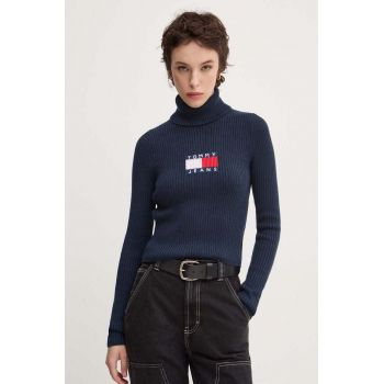 Tommy Jeans pulover din amestec de lana femei, culoarea albastru marin, cu guler, DW0DW18678