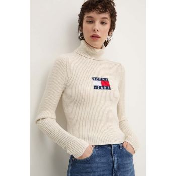 Tommy Jeans pulover din amestec de lana femei, culoarea bej, cu guler, DW0DW18678