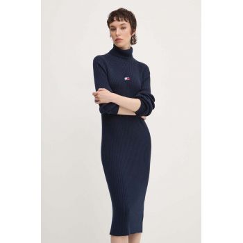 Tommy Jeans rochie din bumbac culoarea albastru marin, midi, mulata, DW0DW19815