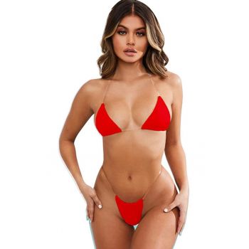 Costum de baie dama - 2 piese - imprimeu uni - bretele transparente - slip tanga - EFAYN RO