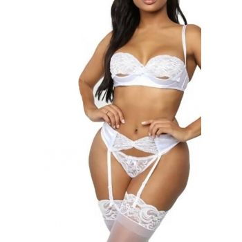 Set lenjerie sexy 3 piese din dantela - sutien - tanga si portjartier - EFAYN RO