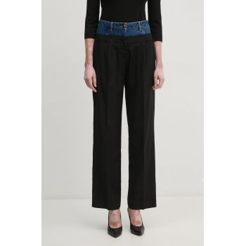 Sisley pantaloni femei, culoarea negru, lat, high waist, 485XLF05M