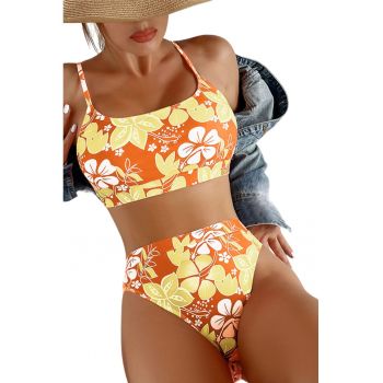 Costum de baie dama - 2 piese - model floral - sutien tip bustiera si chilot cu talie inalta - EFAYN la reducere