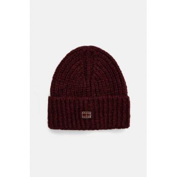 Tommy Jeans caciula din amestec de lana culoarea bordo, din tricot gros, AW0AW16786