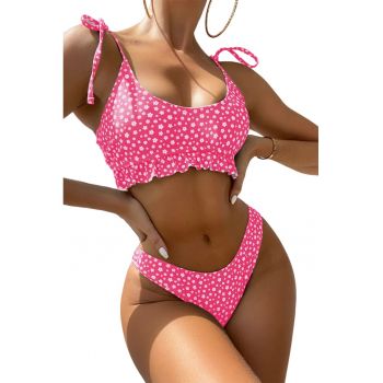 Costum de baie dama - 2 piese - model sexy trendy cu floricele - sutien tip bustiera cu volanas si chilot decupaj clasic croi ingust - EFAYN