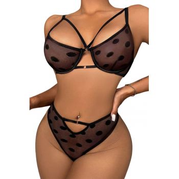 Lenjerie sexy dama - set 2 piese - sutien semitransparent cu detaliu chic la decolteu si chilot decupaj clasic croi ingust - model cu buline - EFAYN