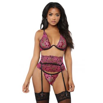 Lenjerie sexy dama - set 3 piese - sutien cupe triunghiulare - portjartier tip corset si chilot tanga - model delicat - tematica fantezie pink - EFAYN