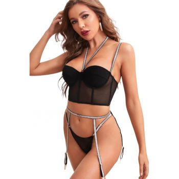 Lenjerie sexy dama - set 3 piese - sutien tip bustiera - portjartiere si chilot tanga - model minimalist cu bretele subtiri - EFAYN